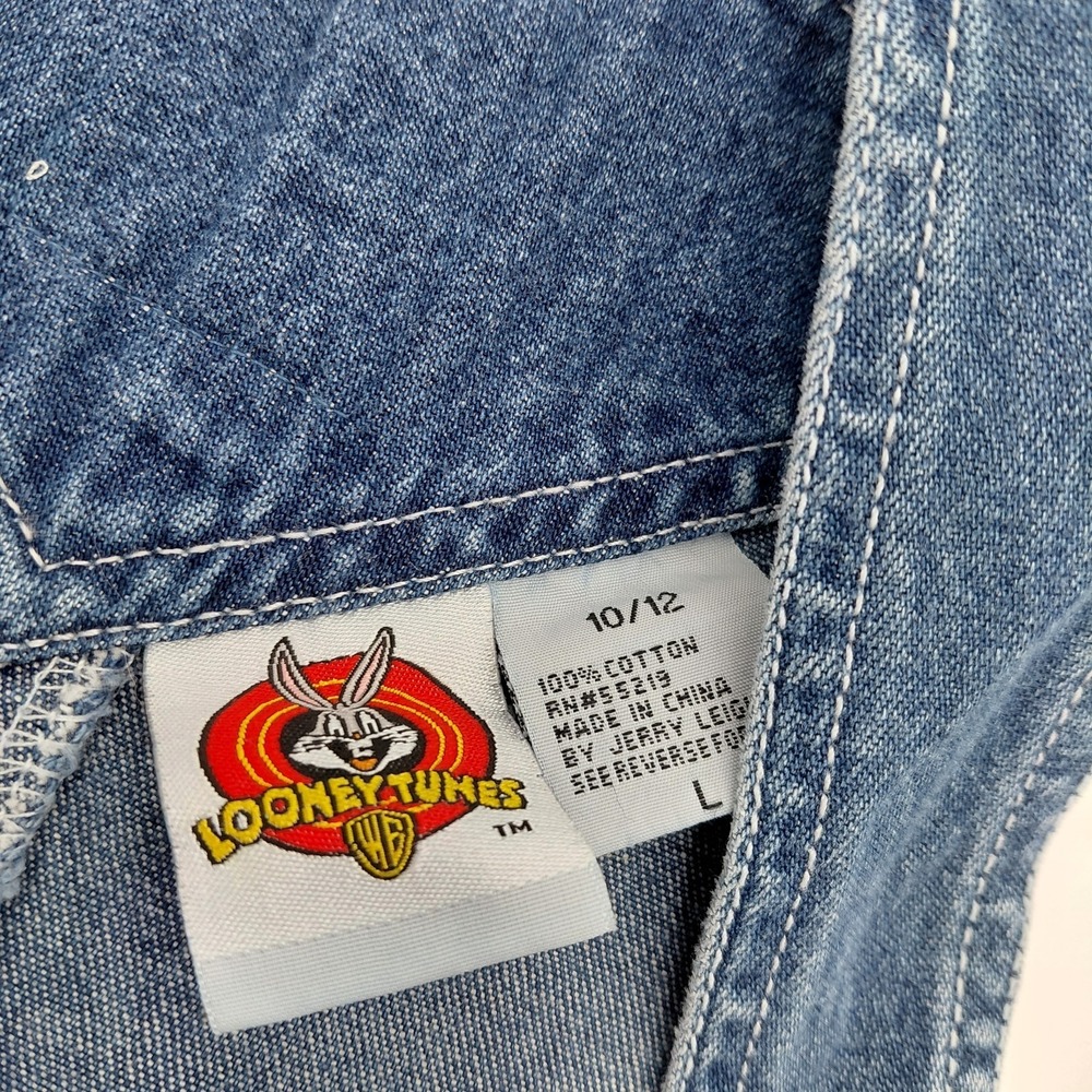 Vtg Looney Tunes Denim Overall Shorts Youth L 10/12 Tweety Sylvester 90s Y2K - Picture 4 of 10